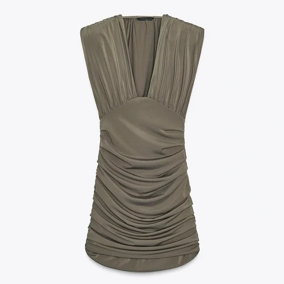 Zara NWT Khaki Olive Green Plunge Neck Ruched Shoulder Pad Mini Dress (Small) - Picture 8 of 12